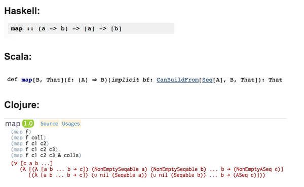 Comparison image for the types of map in Haskell, Scala, and Clojure